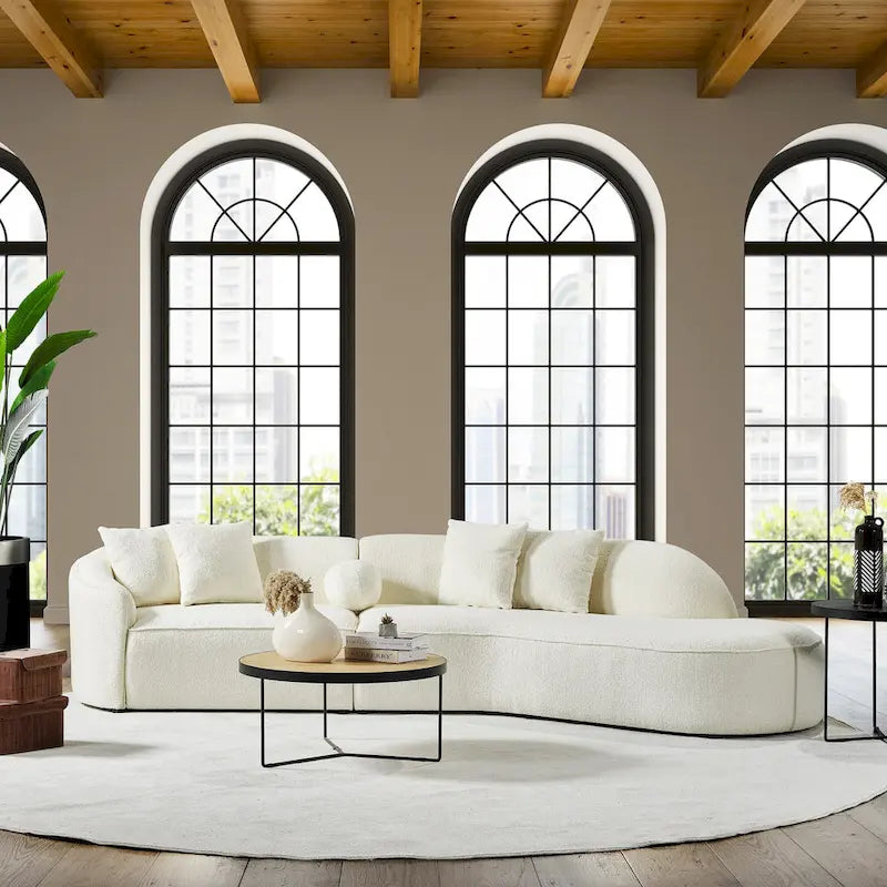Canapé incurvé de luxe moderne de style Japandi en tissu bouclé blanc