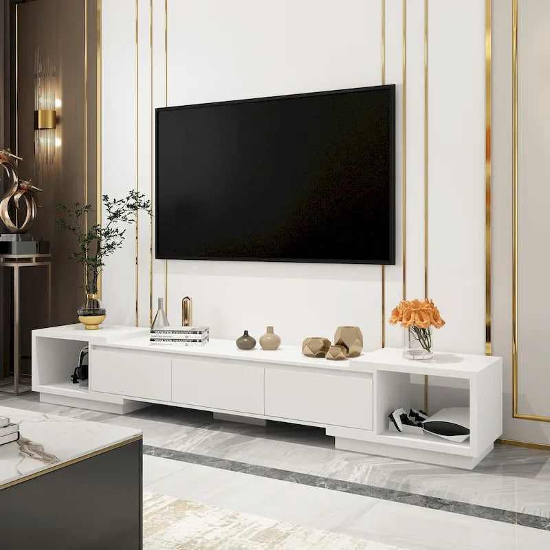 Meuble TV extensible avec rangement, console multimédia, centre de divertissement moderne