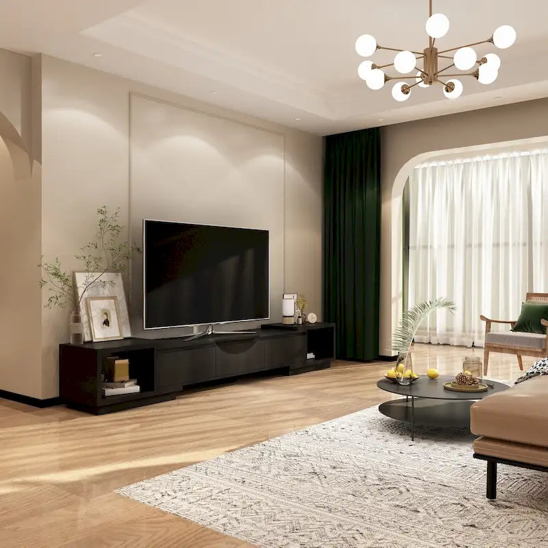 Meuble TV extensible avec rangement, console multimédia, centre de divertissement moderne