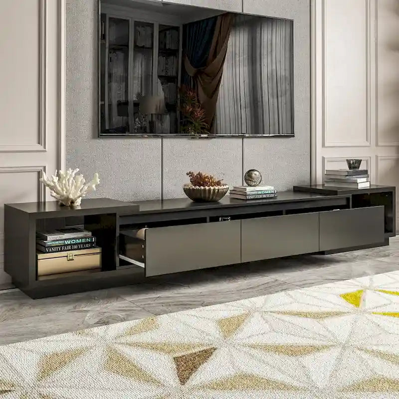 Meuble TV extensible avec rangement, console multimédia, centre de divertissement moderne