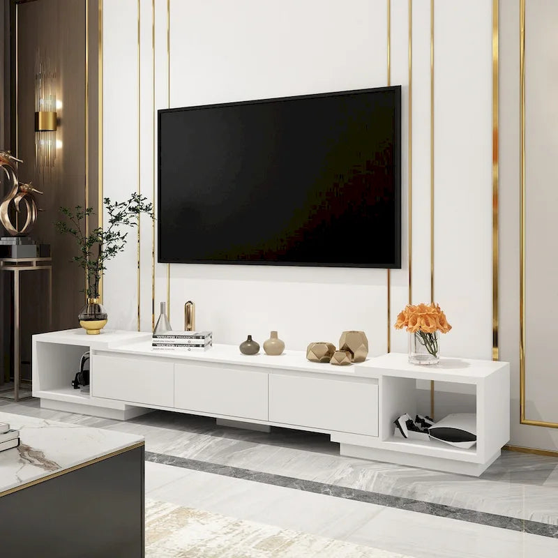 Meuble TV extensible avec rangement, console multimédia, centre de divertissement moderne