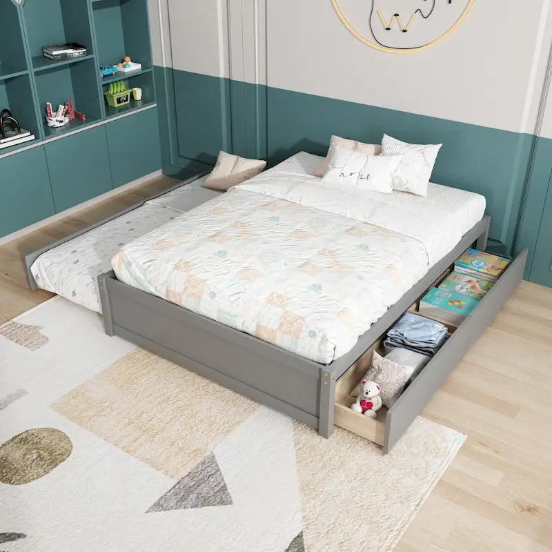 Lit double avec lit gigogne simple et 2 tiroirs