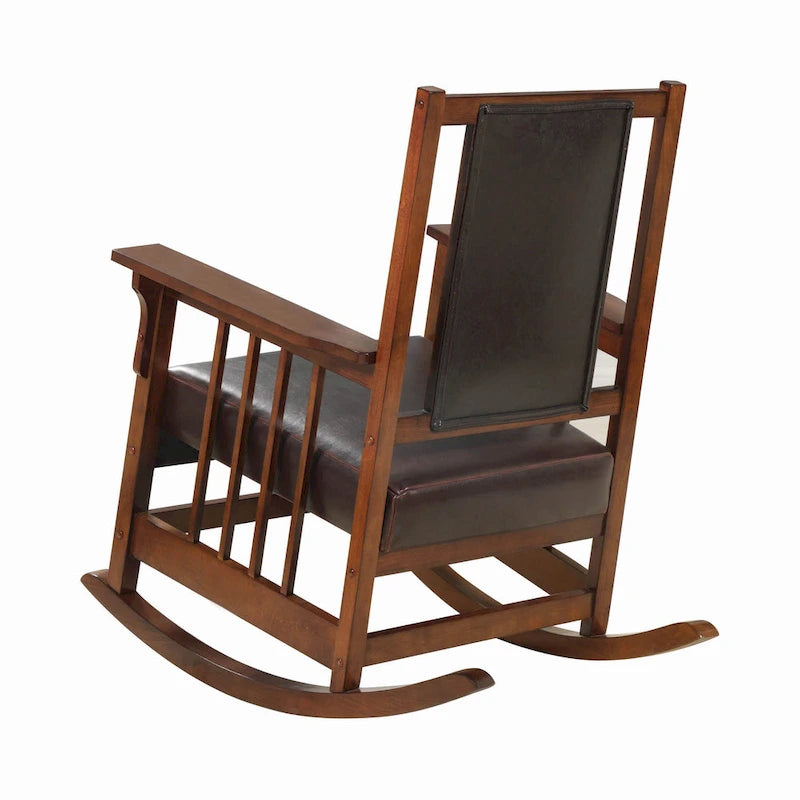Fauteuil à bascule de style Mission, assise et dossier en cuir, tabac et marron foncé