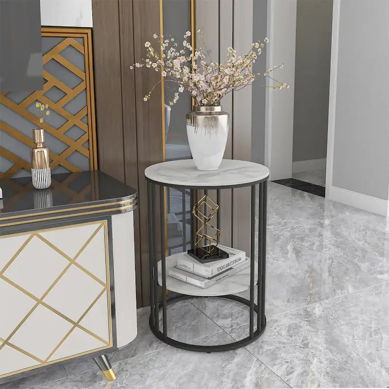 Table d'appoint haute, plateau en pierre frittée, table de chevet avec étagère de rangement - 40 x 40 x 54 cm