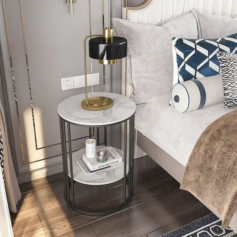 Table d'appoint haute, plateau en pierre frittée, table de chevet avec étagère de rangement - 40 x 40 x 54 cm