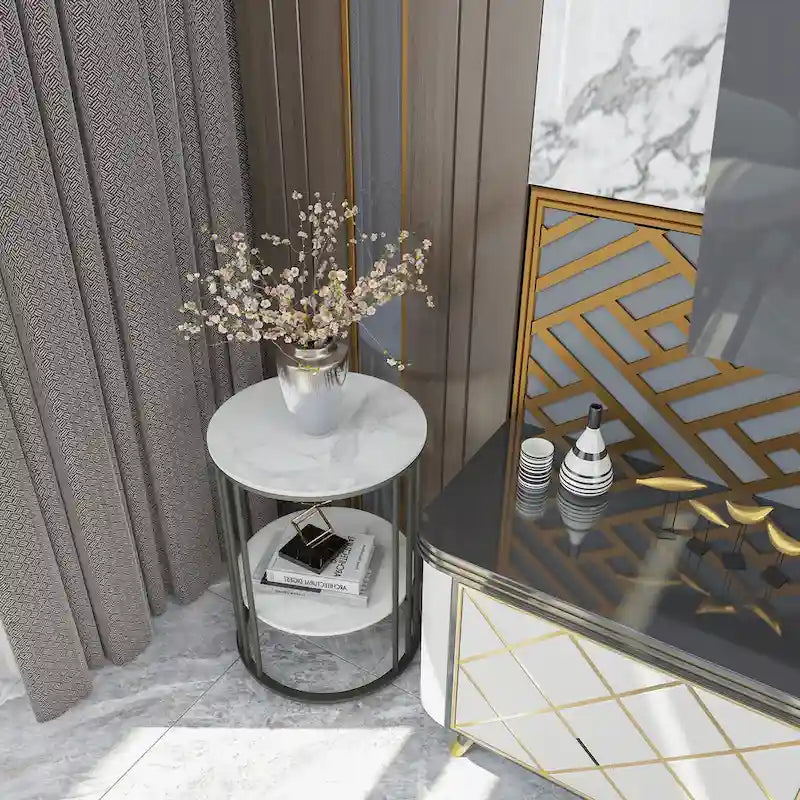 Table d'appoint haute, plateau en pierre frittée, table de chevet avec étagère de rangement - 40 x 40 x 54 cm