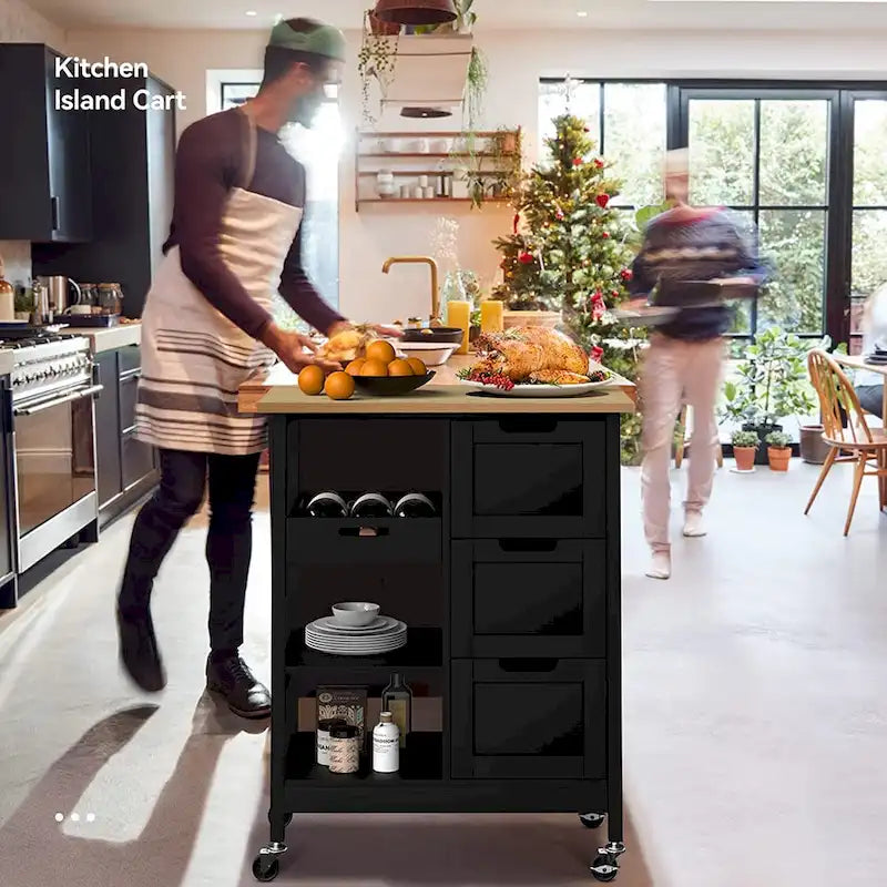 Dessus en bois massif pour îlot de cuisine avec 3 tiroirs et roulettes