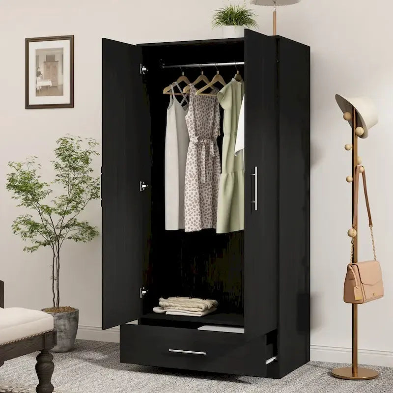 Armoire penderie avec tiroir 31,5L x 66,9H po Noir, Blanc