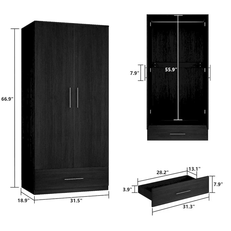 Armoire penderie avec tiroir 31,5L x 66,9H po Noir, Blanc