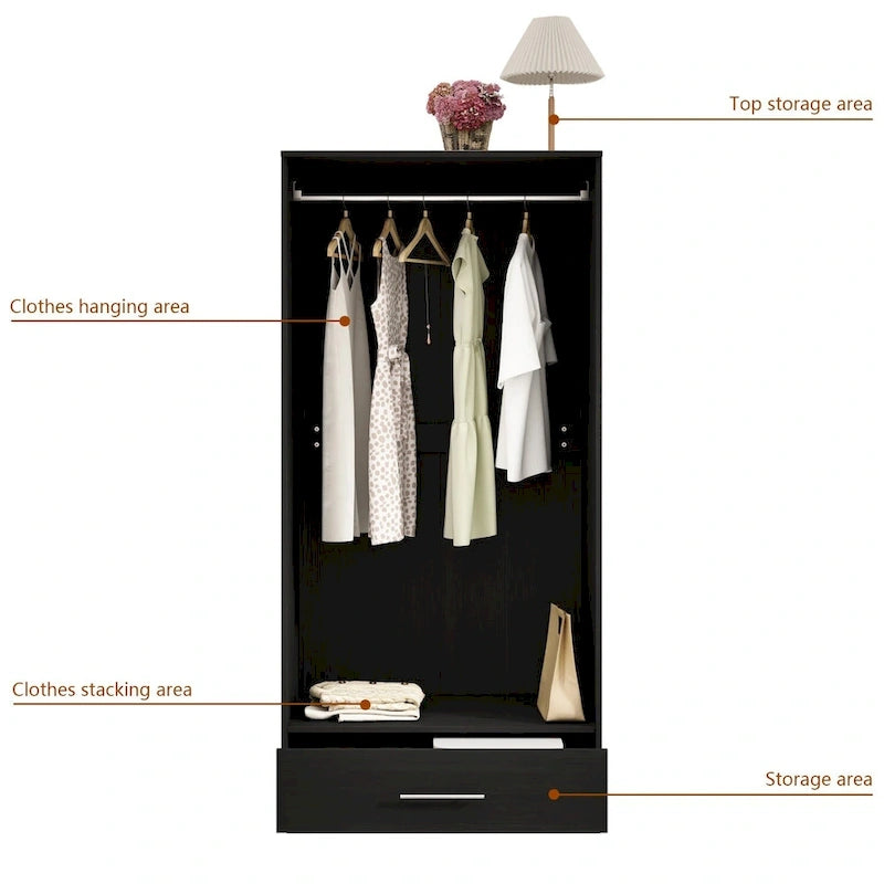 Armoire penderie avec tiroir 31,5L x 66,9H po Noir, Blanc