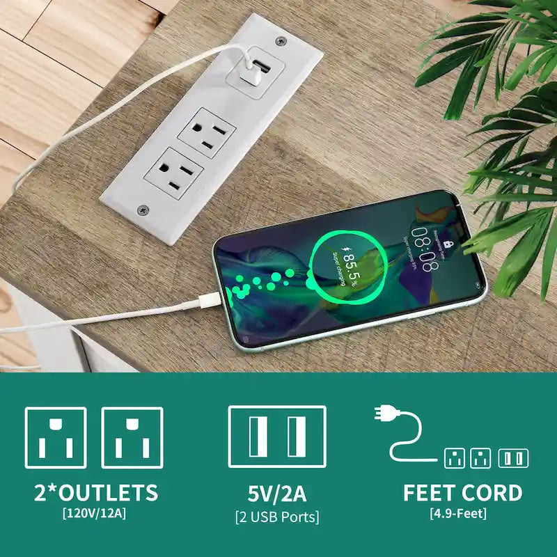 Table de chevet avec station de recharge, table d'appoint avec rangement, 2 prises de courant et 2 ports USB pour salon