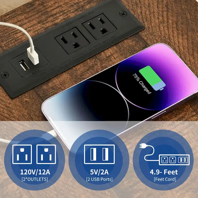 Table de chevet avec station de recharge, table d'appoint avec rangement, 2 prises de courant et 2 ports USB pour salon
