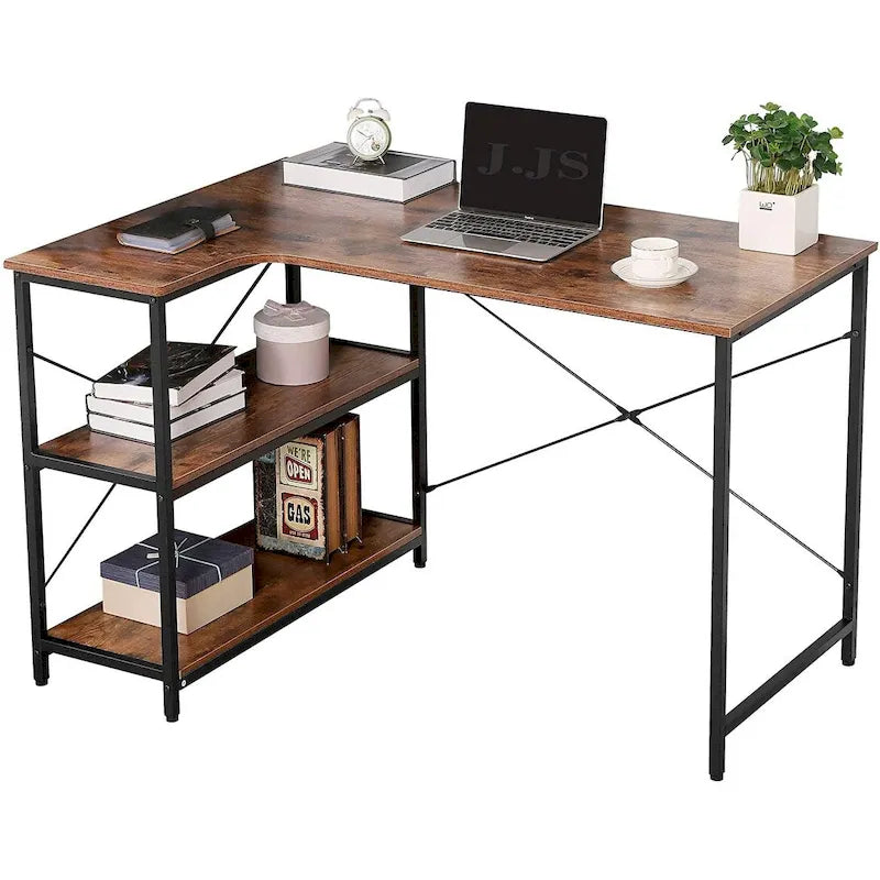 Bureau d'angle en L pour ordinateur avec bibliothèque intégrée pour bureau à domicile