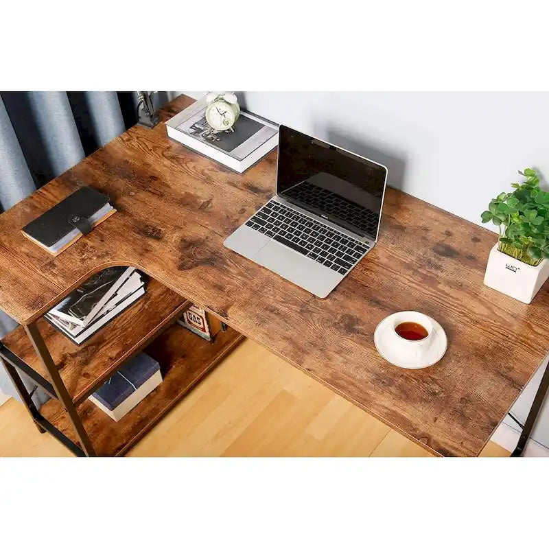 Bureau d'angle en L pour ordinateur avec bibliothèque intégrée pour bureau à domicile