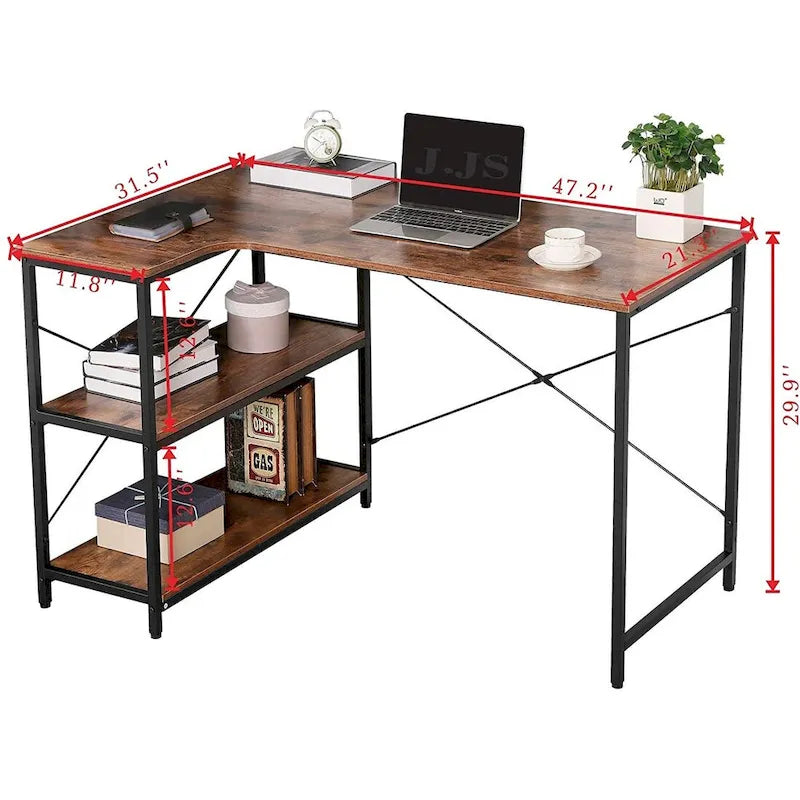 Bureau d'angle en L pour ordinateur avec bibliothèque intégrée pour bureau à domicile