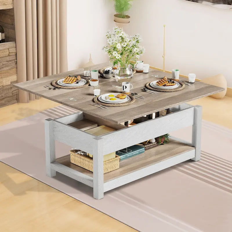 Table basse à plateau relevable, dessus extensible avec rangement dissimulé et étagère pour le salon