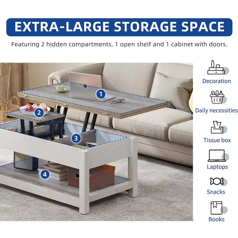 Table basse à plateau relevable, dessus extensible avec rangement dissimulé et étagère pour le salon