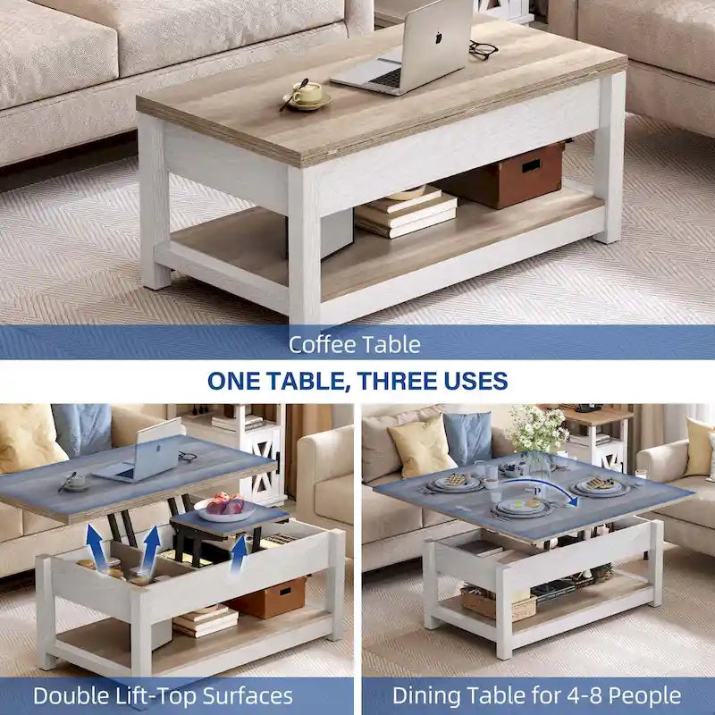 Table basse à plateau relevable, dessus extensible avec rangement dissimulé et étagère pour le salon