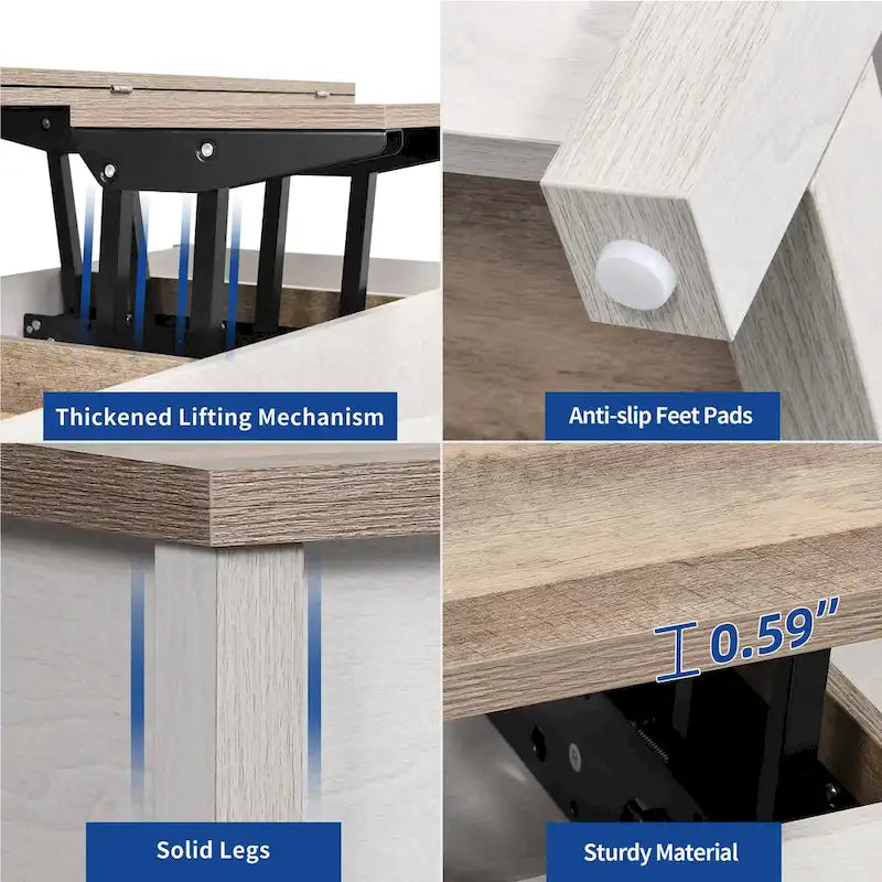 Table basse à plateau relevable, dessus extensible avec rangement dissimulé et étagère pour le salon
