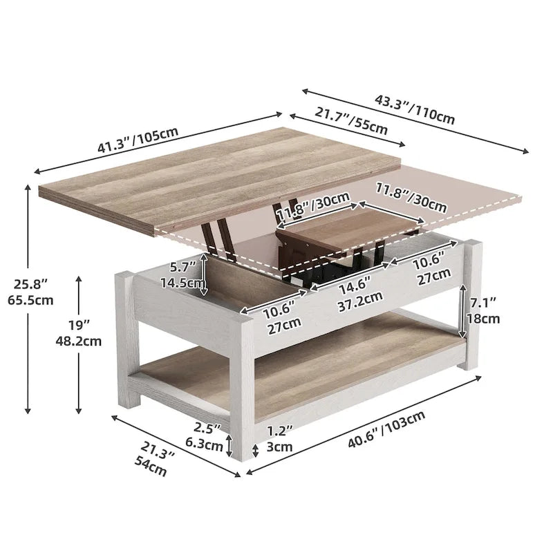Table basse à plateau relevable, dessus extensible avec rangement dissimulé et étagère pour le salon