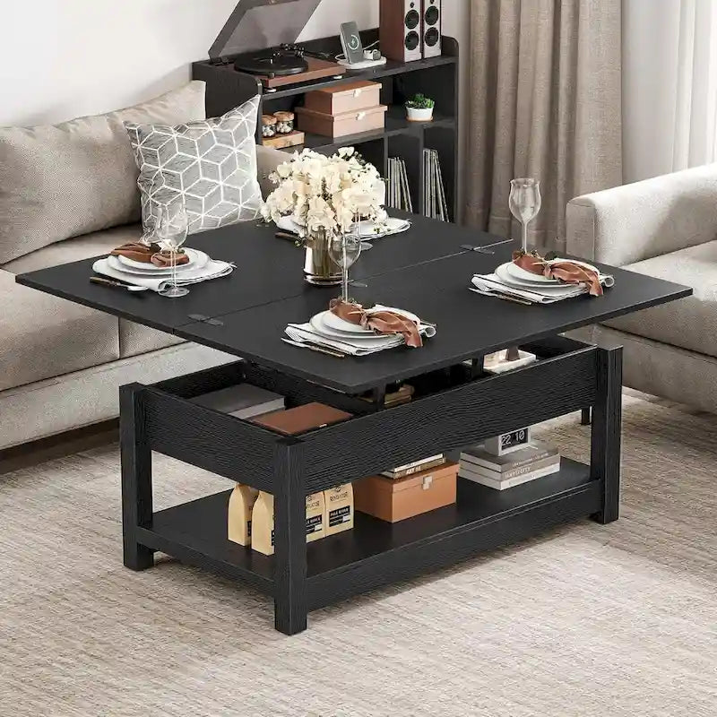 Table basse à plateau relevable, dessus extensible avec rangement dissimulé et étagère pour le salon