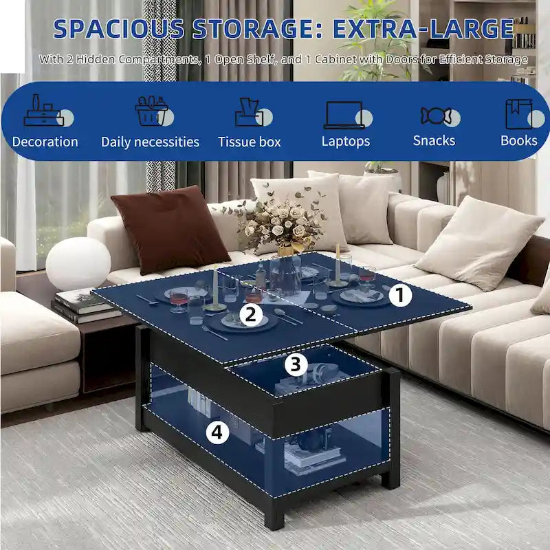 Table basse à plateau relevable, dessus extensible avec rangement dissimulé et étagère pour le salon