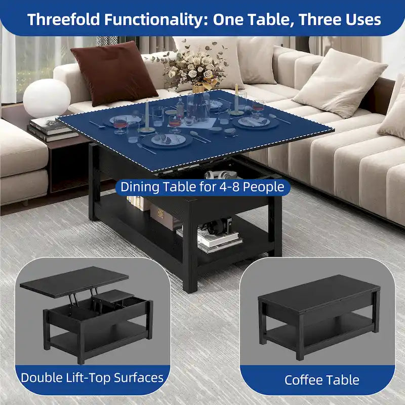 Table basse à plateau relevable, dessus extensible avec rangement dissimulé et étagère pour le salon