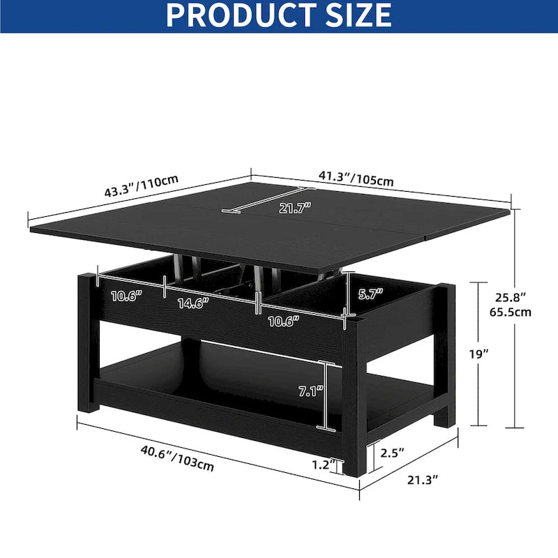 Table basse à plateau relevable, dessus extensible avec rangement dissimulé et étagère pour le salon