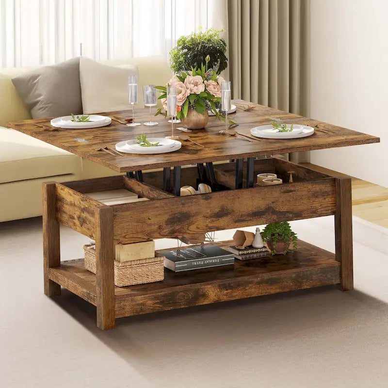 Table basse à plateau relevable, dessus extensible avec rangement dissimulé et étagère pour le salon
