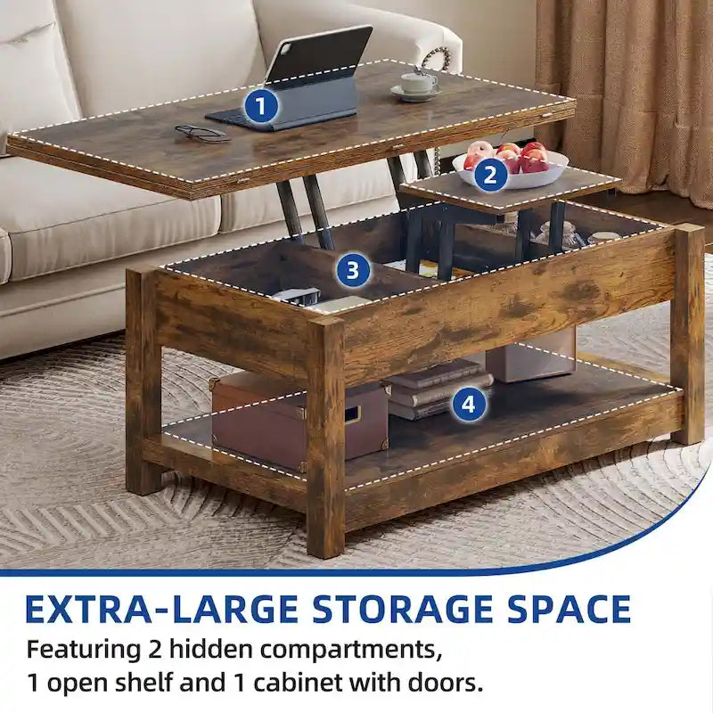 Table basse à plateau relevable, dessus extensible avec rangement dissimulé et étagère pour le salon
