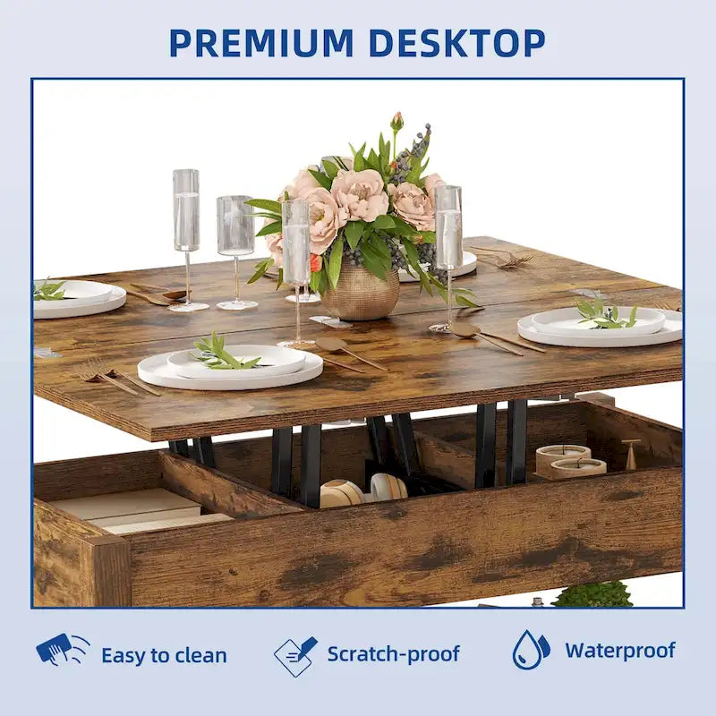 Table basse à plateau relevable, dessus extensible avec rangement dissimulé et étagère pour le salon