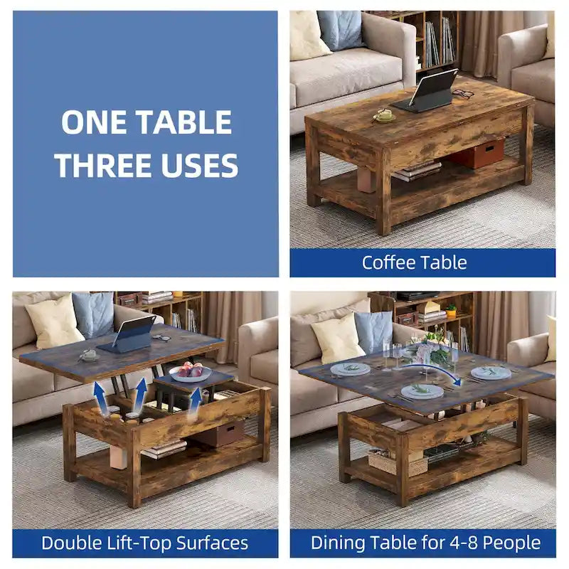 Table basse à plateau relevable, dessus extensible avec rangement dissimulé et étagère pour le salon