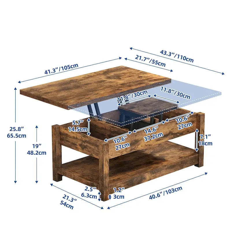 Table basse à plateau relevable, dessus extensible avec rangement dissimulé et étagère pour le salon
