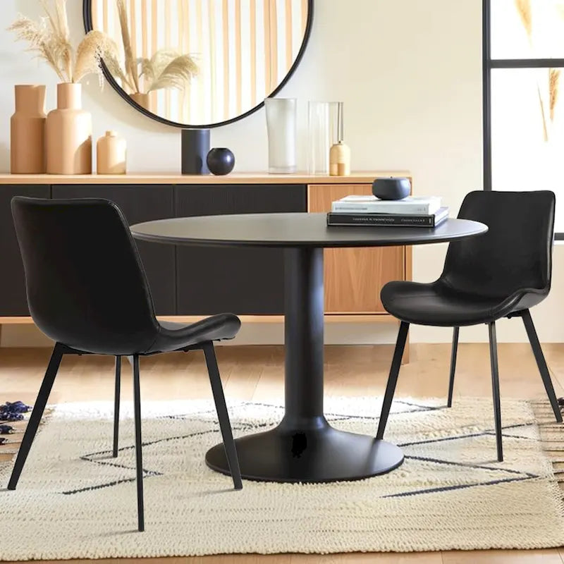 Chaises de salle à manger Mid-Century avec coussin d'assise en similicuir souple et pieds en métal, lot de 2, noir