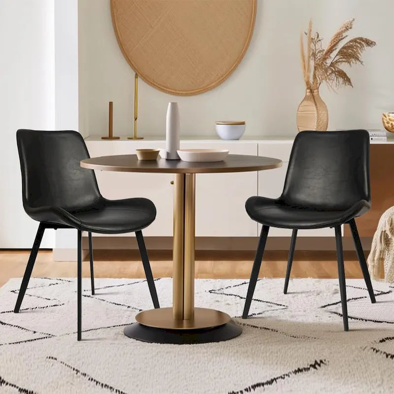 Chaises de salle à manger Mid-Century avec coussin d'assise en similicuir souple et pieds en métal, lot de 2, noir