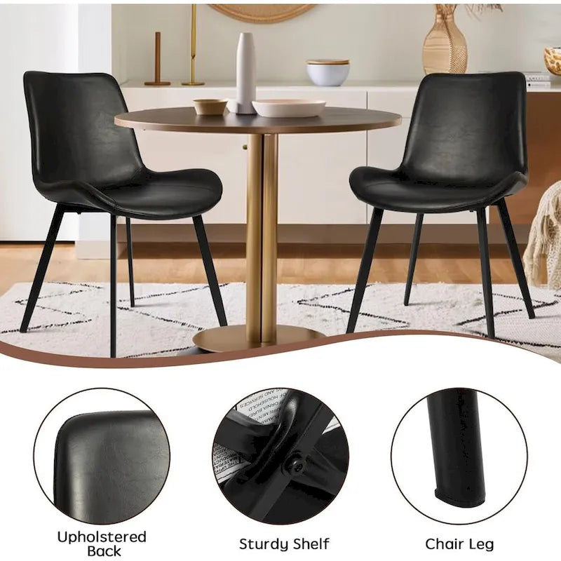 Chaises de salle à manger Mid-Century avec coussin d'assise en similicuir souple et pieds en métal, lot de 2, noir