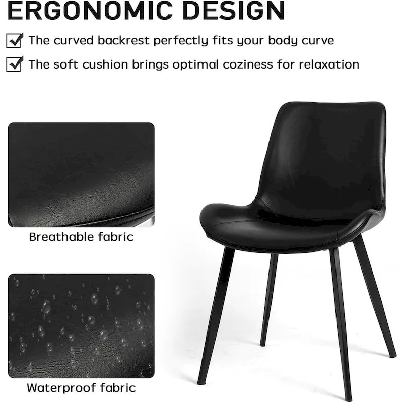 Chaises de salle à manger Mid-Century avec coussin d'assise en similicuir souple et pieds en métal, lot de 2, noir