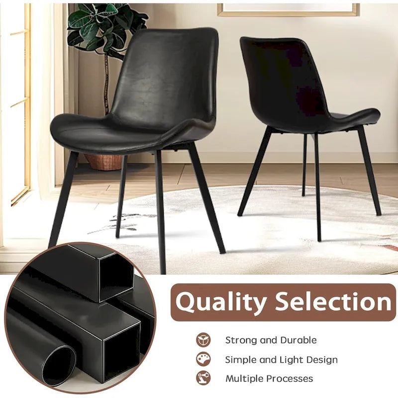 Chaises de salle à manger Mid-Century avec coussin d'assise en similicuir souple et pieds en métal, lot de 2, noir