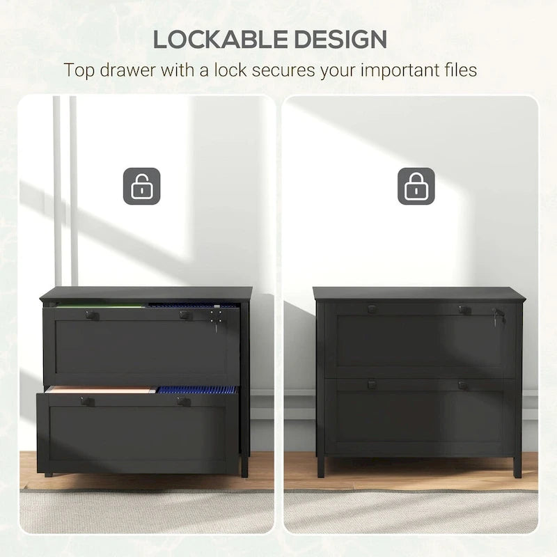 Classeur latéral à 2 tiroirs pour bureau à domicile, avec serrure, barre de suspension réglable pour documents format lettre et A4
