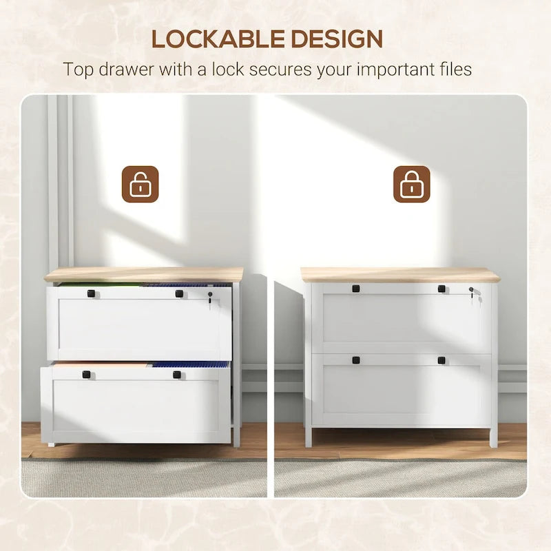 Classeur latéral à 2 tiroirs pour bureau à domicile, avec serrure, barre de suspension réglable pour documents format lettre et A4