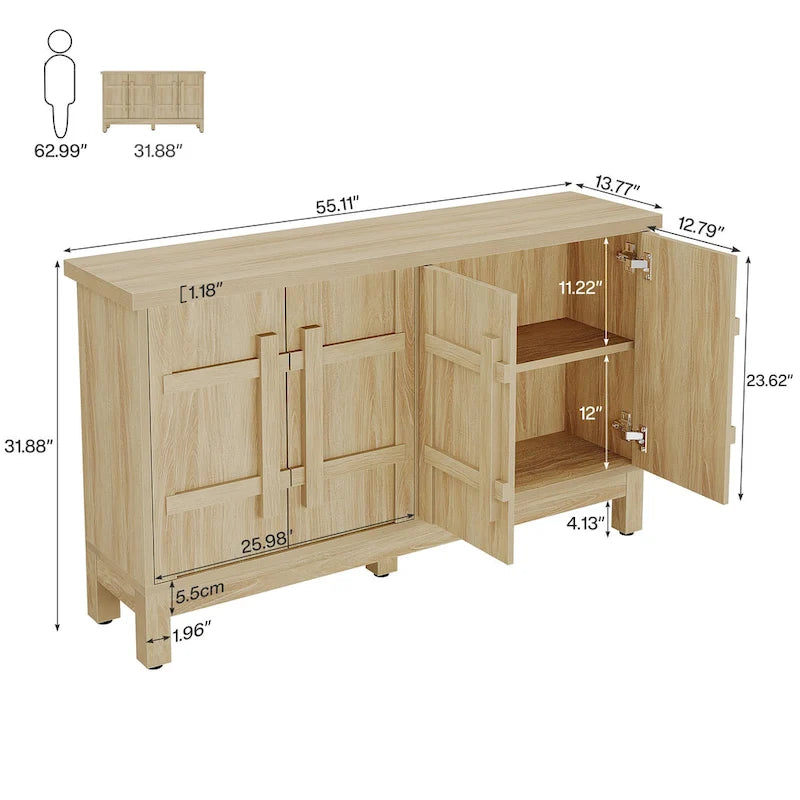 Buffet de ferme en bois de 55 pouces avec rangement